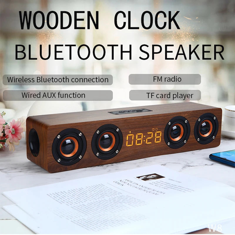 Wooden Bluetooth Speaker with Alarm Clock - 20W Wireless Soundbar with FM Radio & LED Display