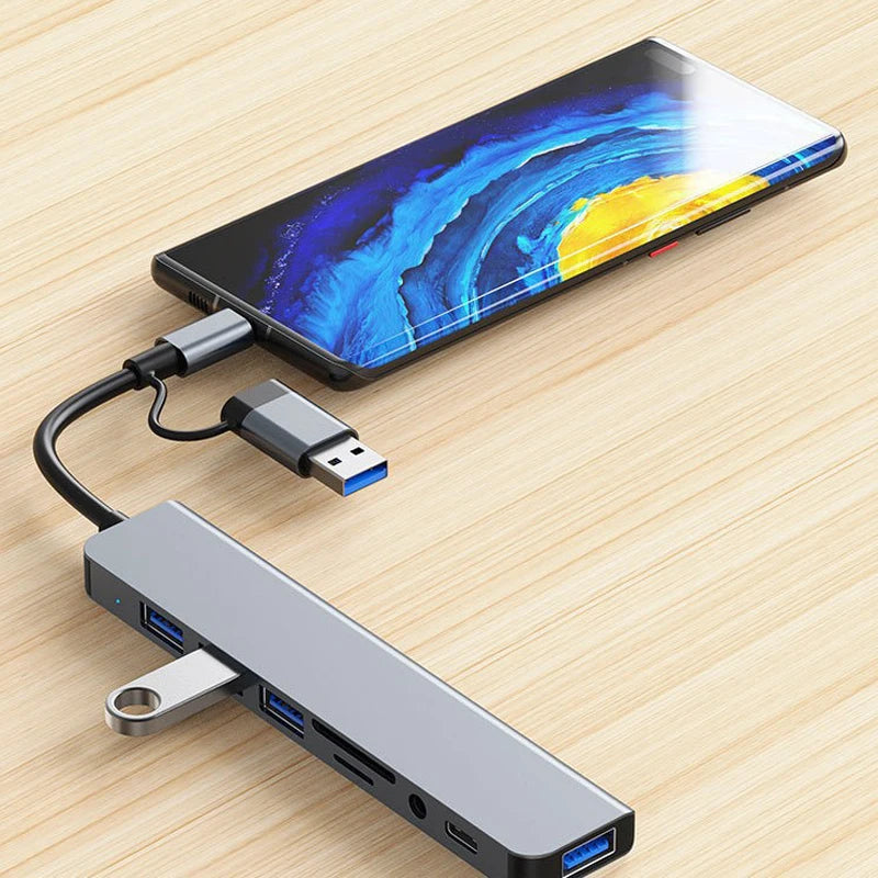 8-in-2 USB C Hub Docking Station - Multi-Port Adapter with SD Card Reader & Audio Jack for Laptop, Tablet & Phone