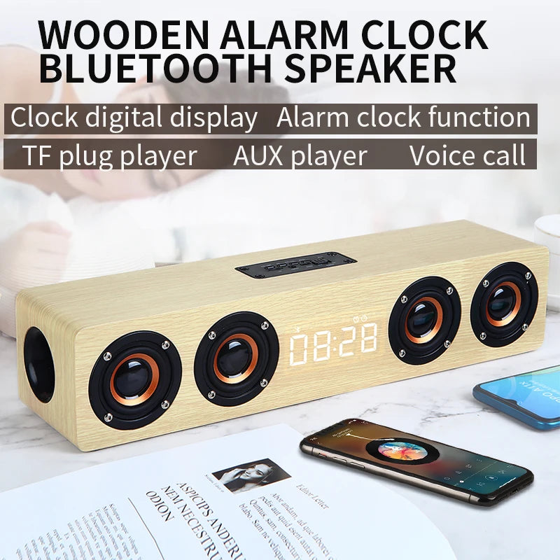 Wooden Bluetooth Speaker with Alarm Clock - 20W Wireless Soundbar with FM Radio & LED Display