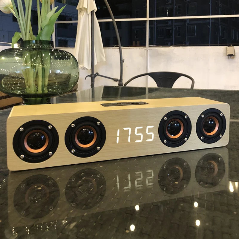 Wooden Bluetooth Speaker with Alarm Clock - 20W Wireless Soundbar with FM Radio & LED Display