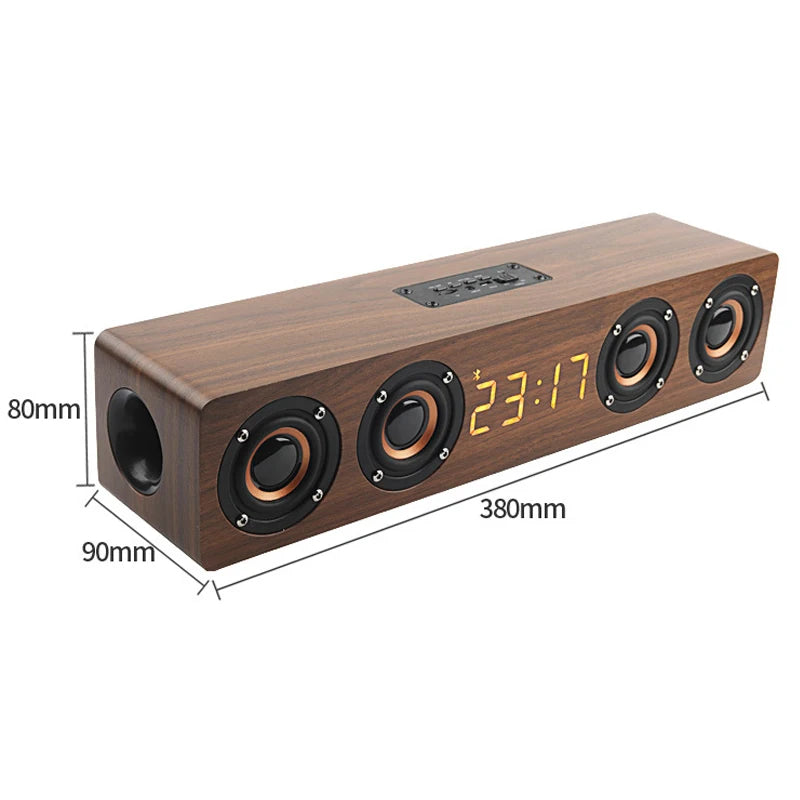 Wooden Bluetooth Speaker with Alarm Clock - 20W Wireless Soundbar with FM Radio & LED Display