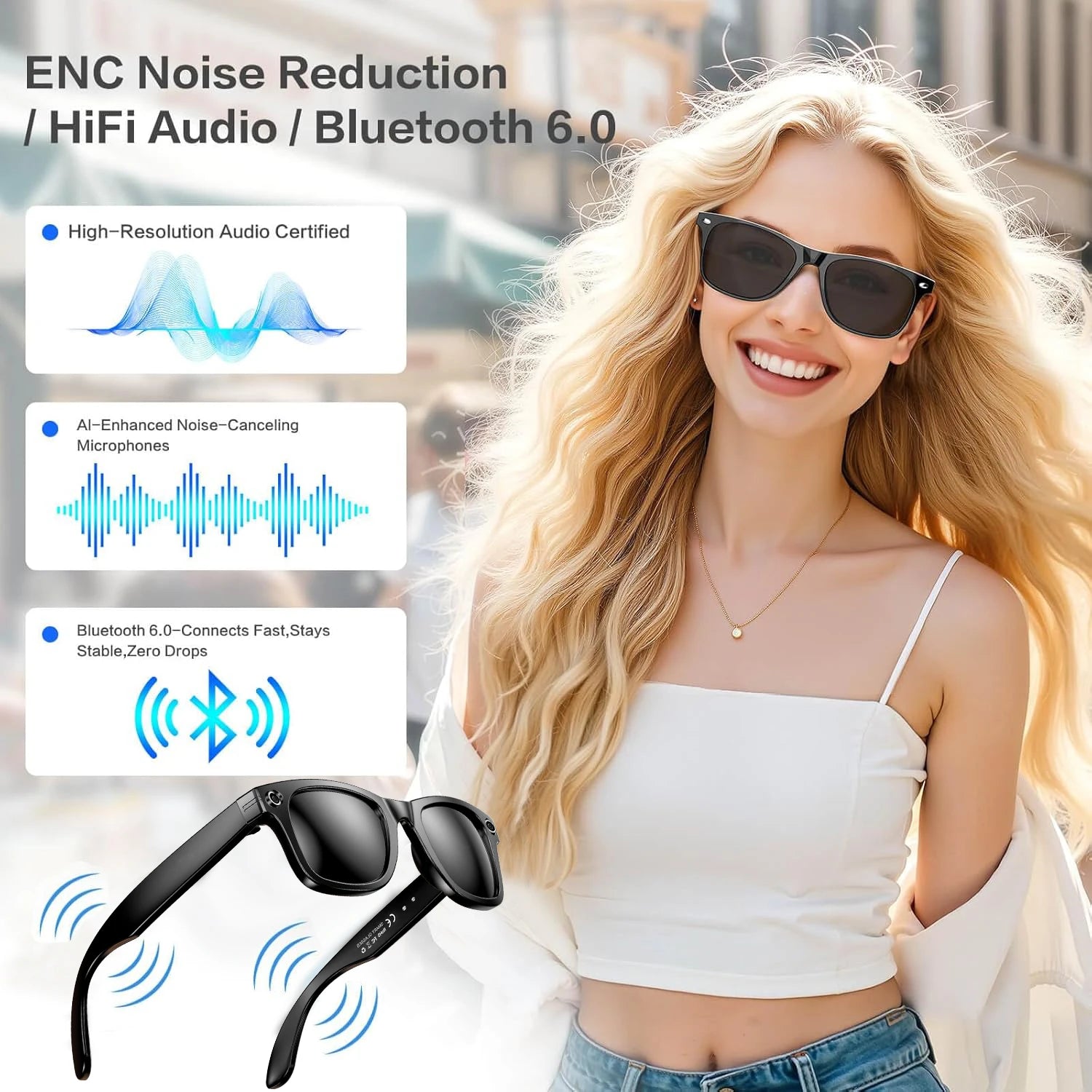 AI Smart Glasses with Camera & ChatGPT - Bluetooth Audio Sunglasses with Photo/Video Recording & Voice Assistant