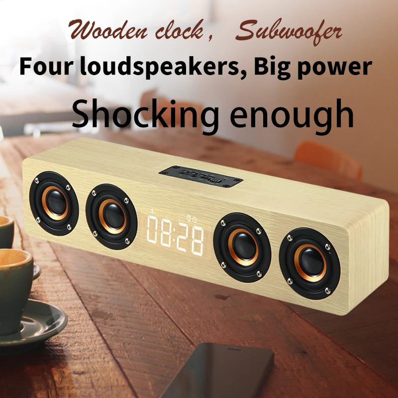 Wooden Bluetooth Speaker with Alarm Clock - 20W Wireless Soundbar with FM Radio & LED Display