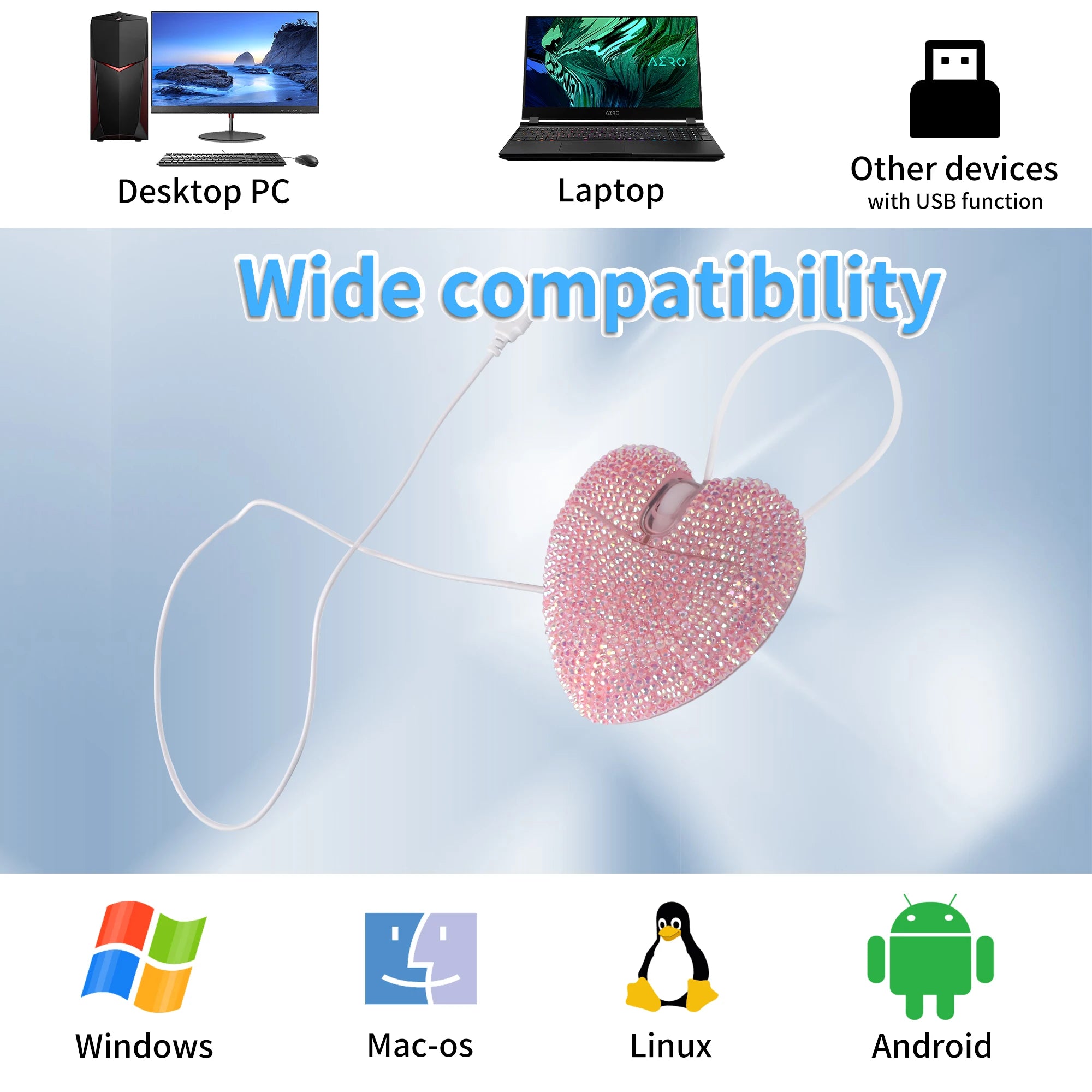 Pink Heart-Shaped Wired Mouse - Cute Mini Computer Mouse for Women, Girls & Office - Plug & Play USB