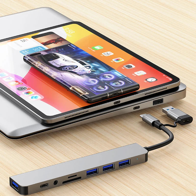 8-in-2 USB C Hub Docking Station - Multi-Port Adapter with SD Card Reader & Audio Jack for Laptop, Tablet & Phone