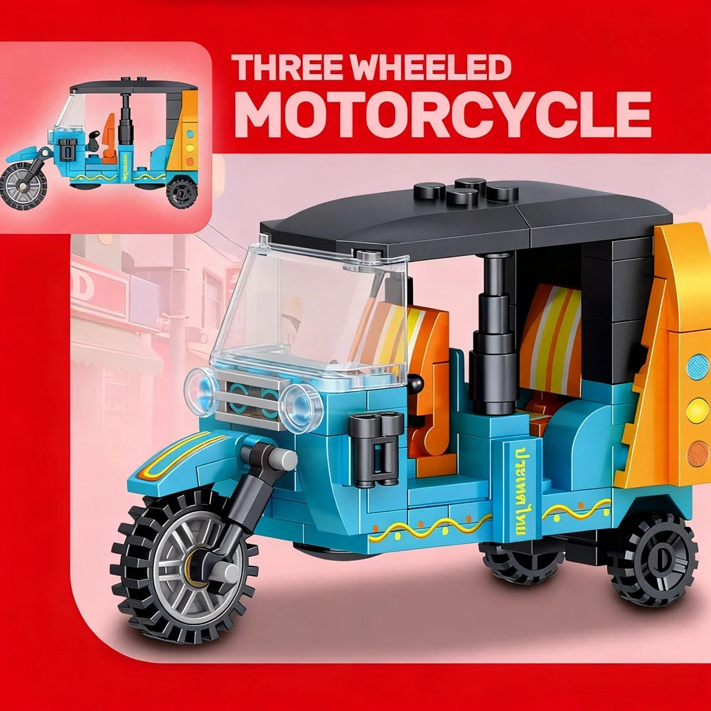 Retro Three-Wheeled Motorcycle Building Blocks Set - MOC Model Kit for Adults, Kids & Desk Display Gift