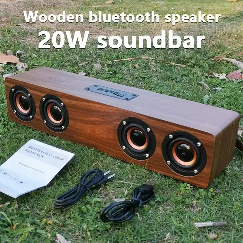 Wooden Bluetooth Speaker with Alarm Clock - 20W Wireless Soundbar with FM Radio & LED Display