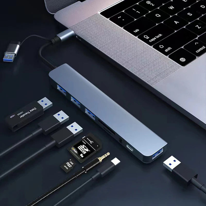 8-in-2 USB C Hub Docking Station - Multi-Port Adapter with SD Card Reader & Audio Jack for Laptop, Tablet & Phone