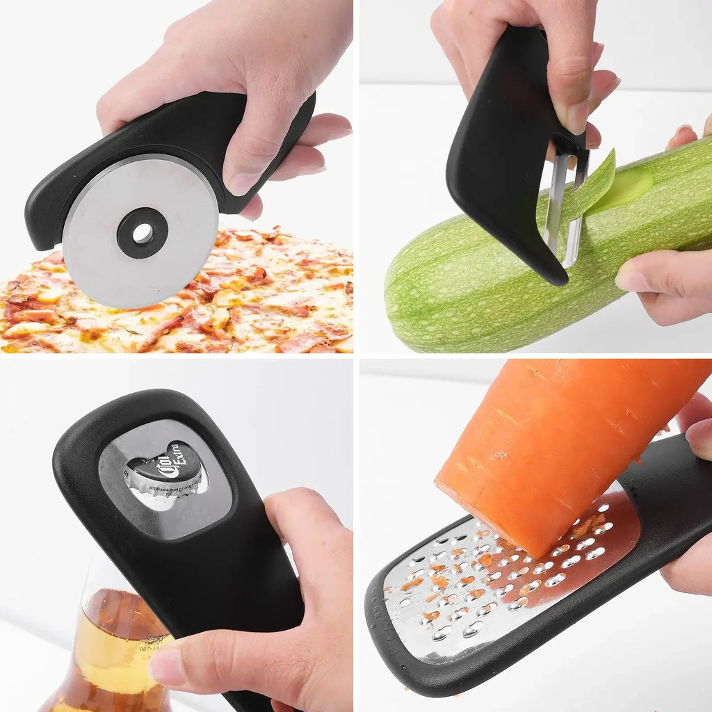 6-in-1 Stainless Steel Kitchen Tool Set - Peeler, Pizza Cutter, Can Opener & More