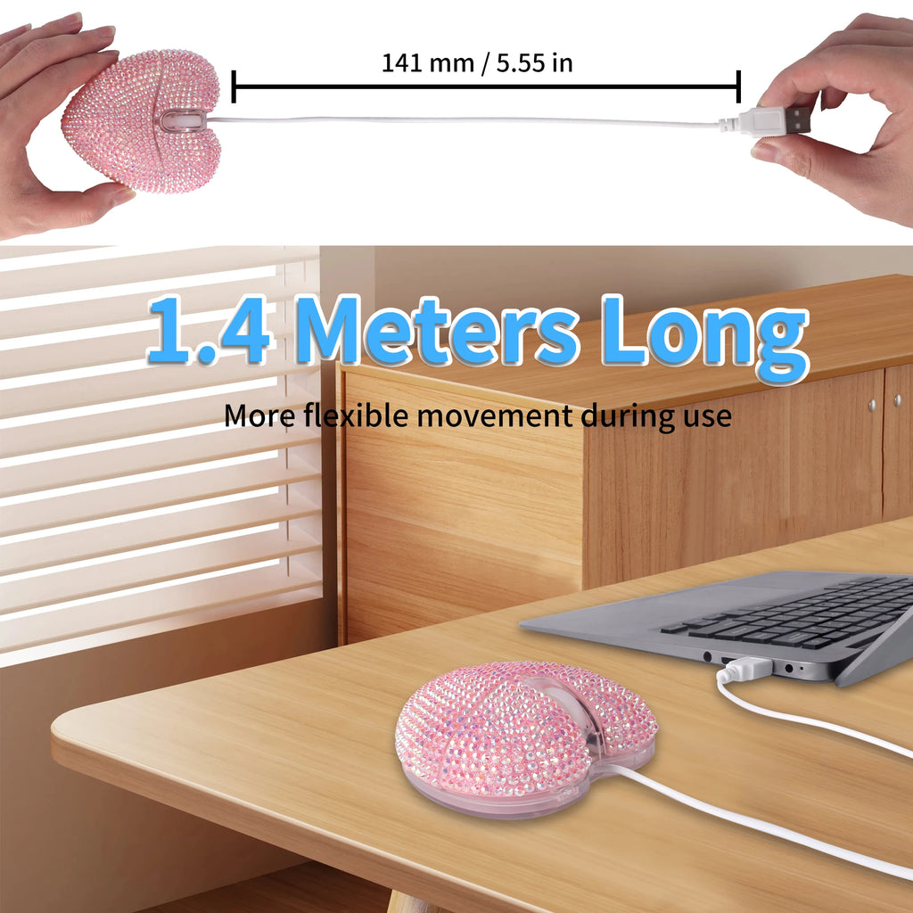 Pink Heart-Shaped Wired Mouse - Cute Mini Computer Mouse for Women, Girls & Office - Plug & Play USB