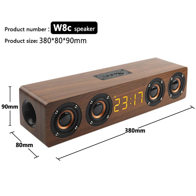 Wooden Bluetooth Speaker with Alarm Clock - 20W Wireless Soundbar with FM Radio & LED Display