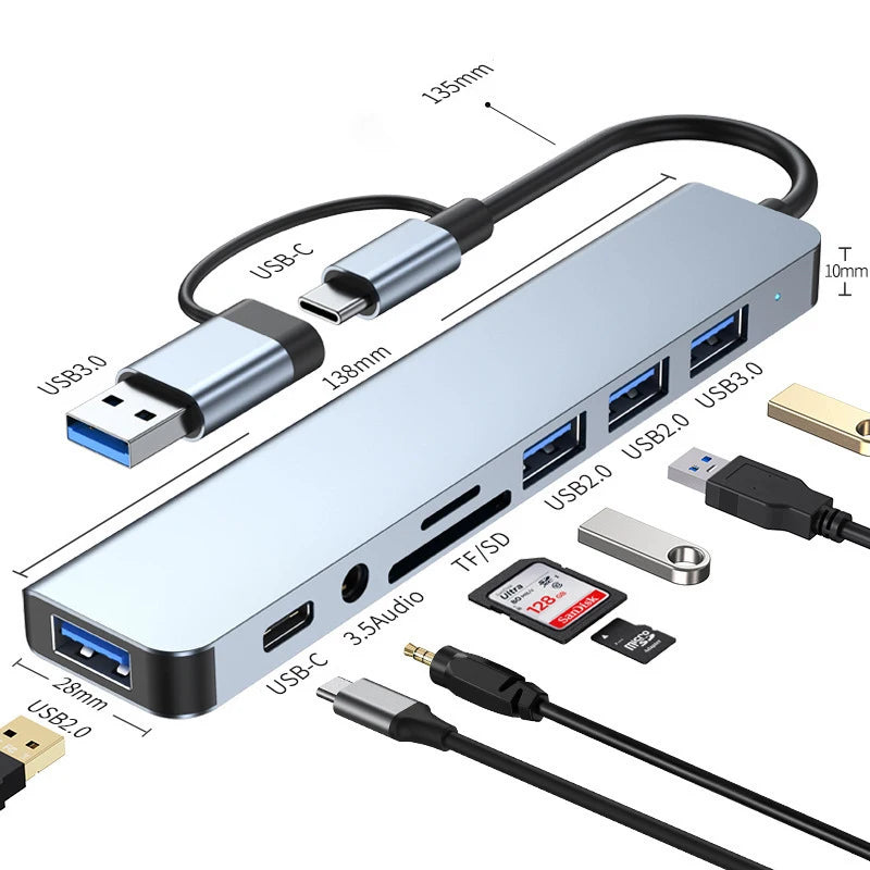 8-in-2 USB C Hub Docking Station - Multi-Port Adapter with SD Card Reader & Audio Jack for Laptop, Tablet & Phone